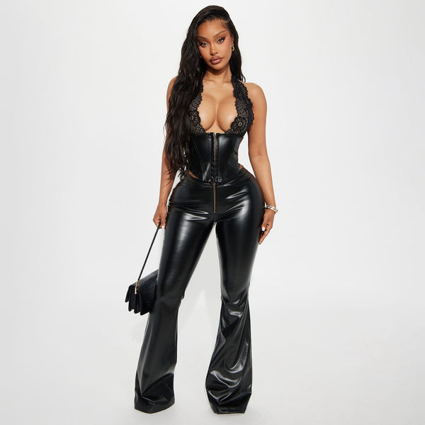 PU Leather Lace Halter Top & Bell Bottom Pants Set for Summer Clubbing