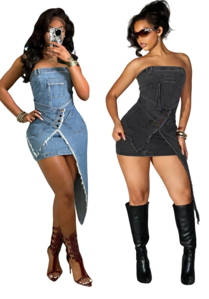 Strapless Denim Irregular Stretch Bodycon Dress for Streetwear