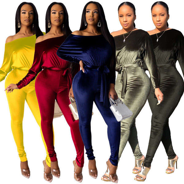 Women Velvet Stretchy Off Shoulder Bat Sleeves Jumpsuit with Belt