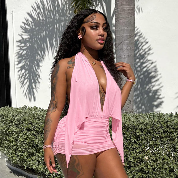 Faux Two-Piece Mesh Halter Backless Dress for Spring Evenings