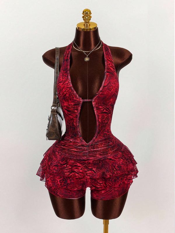 Leopard Print Halter Low Back Tiered Mini Dress for Parties