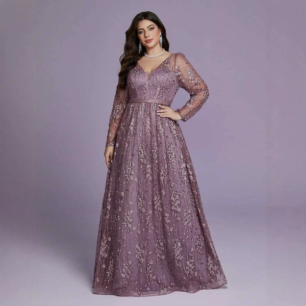 Plus Size V-Neck Long Sleeve Elegant Formal Maxi Dress