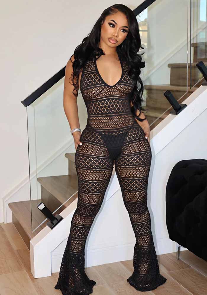 Solid Lace Hollow Jumpsuit for Evening & Intimate Wear