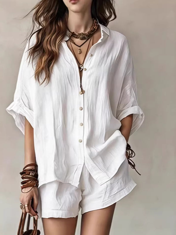 Solid Color Button Shirt & Shorts Casual Set for Spring