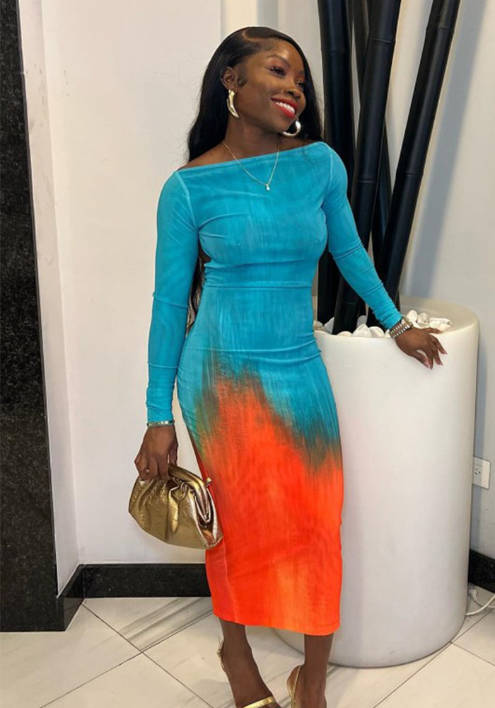 Women Autumn Off-Shoulder Lace-up Long-sleeved Printed Backless Maxi Dress