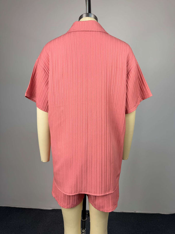 Women Spring Turndown Collar Short-sleeved shirt with tie and wide-leg shorts two-piece set