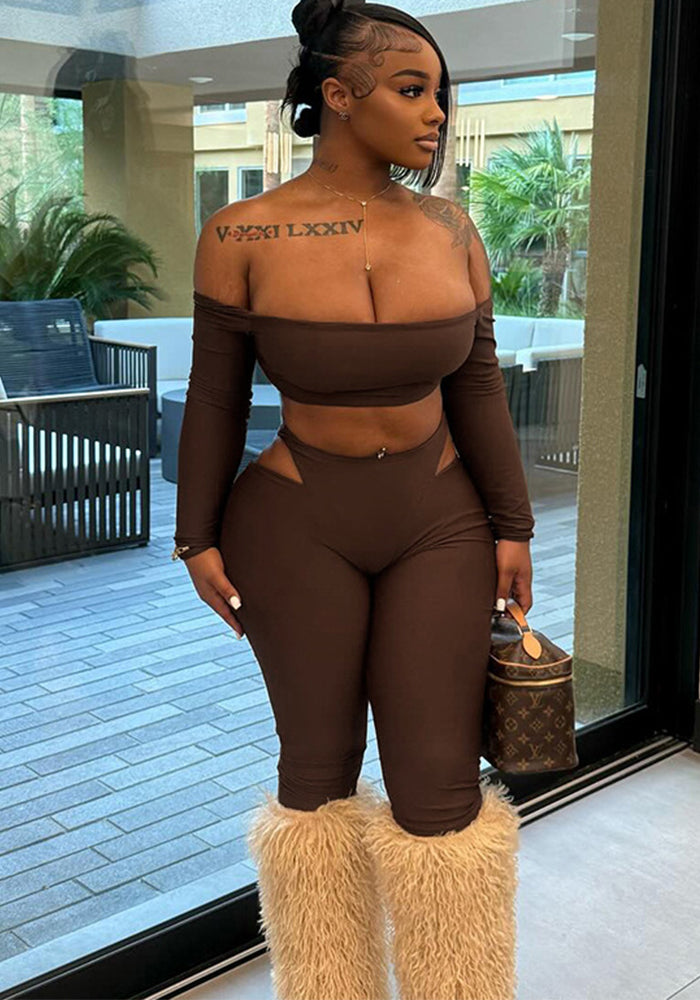 Off-Shoulder Crop Top & High-Waist Hollow Out Pants Set