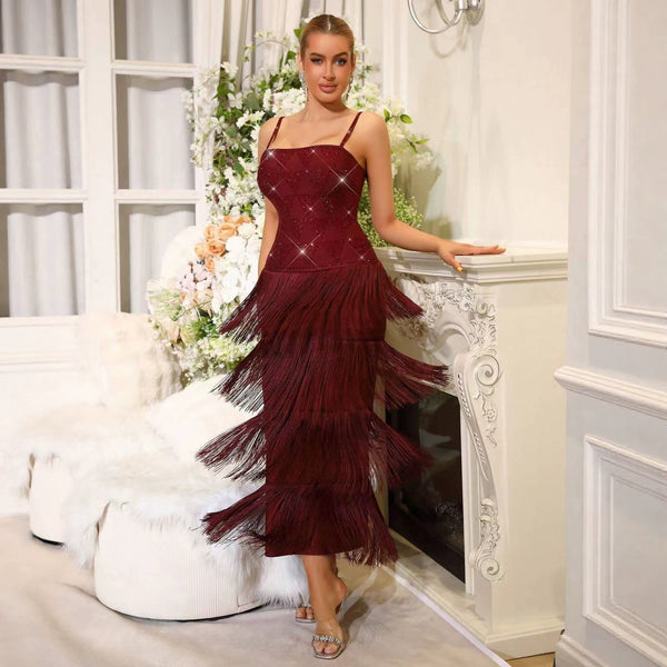 Camisole Beaded Tassel Bandage Maxi Dress for Formal Parties