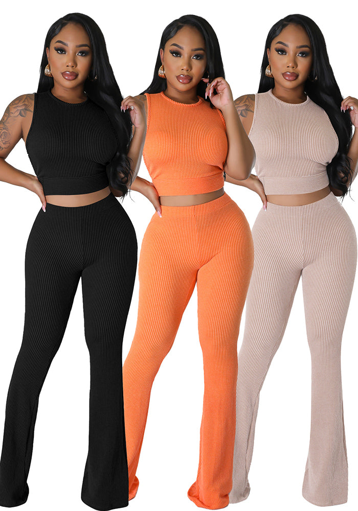 Ribbed Sleeveless Top & Flared Pants Two-Piece Set