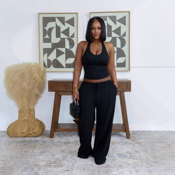 Halter Top & High Waist Wide Leg Pants Set for Summer Streetwear