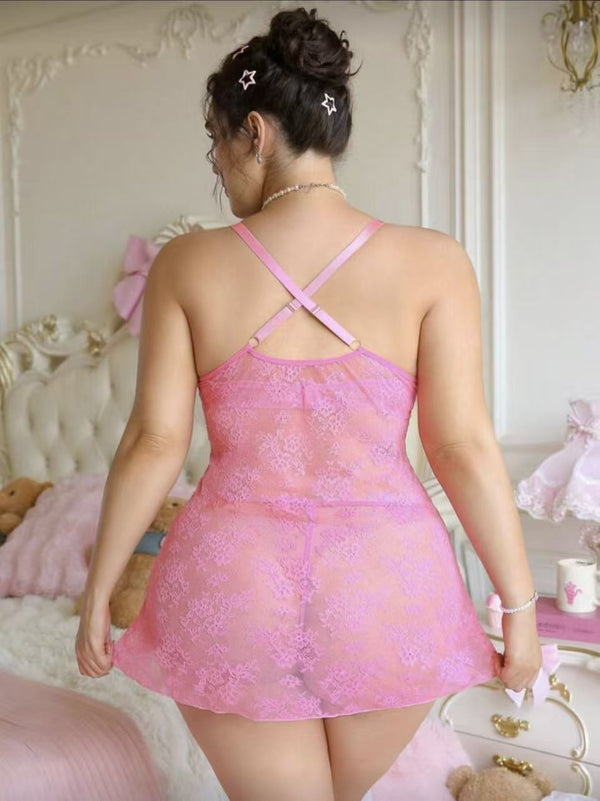Plus Size Women's Lace See-Through V-neck Lingerie Dress Set