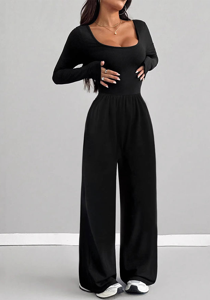 Round Neck Long Sleeve Wide Leg Jumpsuit
