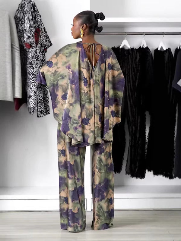 African Batwing Sleeve Printed Two-Piece Pants Set for Spring/Autumn