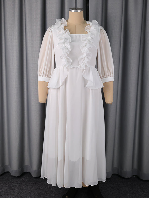 Plus Size White Floral Ruffle Maxi Dress for Formal Events