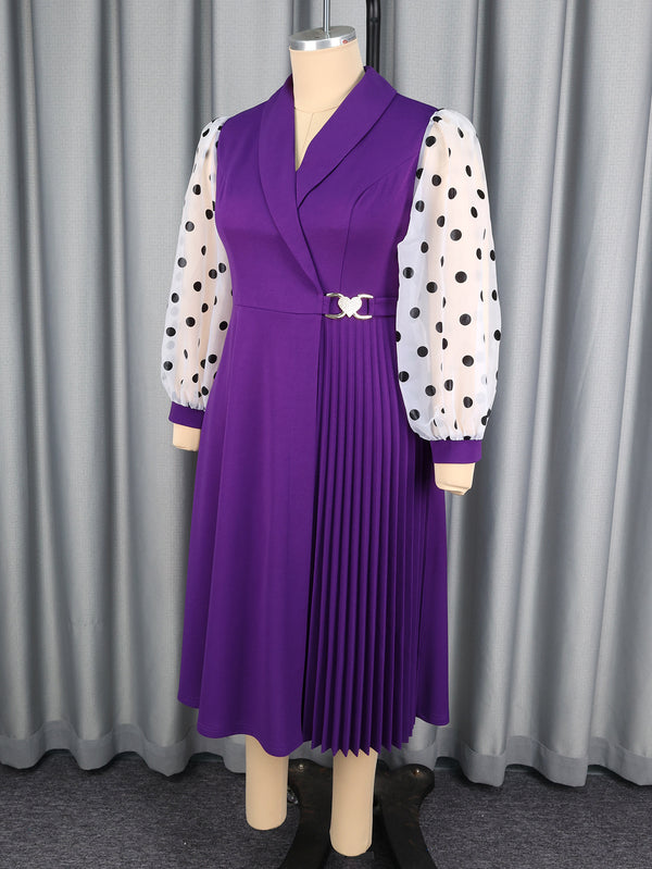 Plus Size Polka Dot Turndown Collar Pleated Dress for Formal Parties