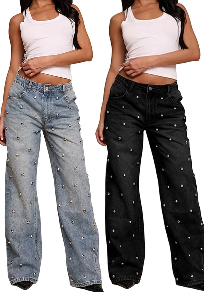 Women Beaded Washed Denim Trousers